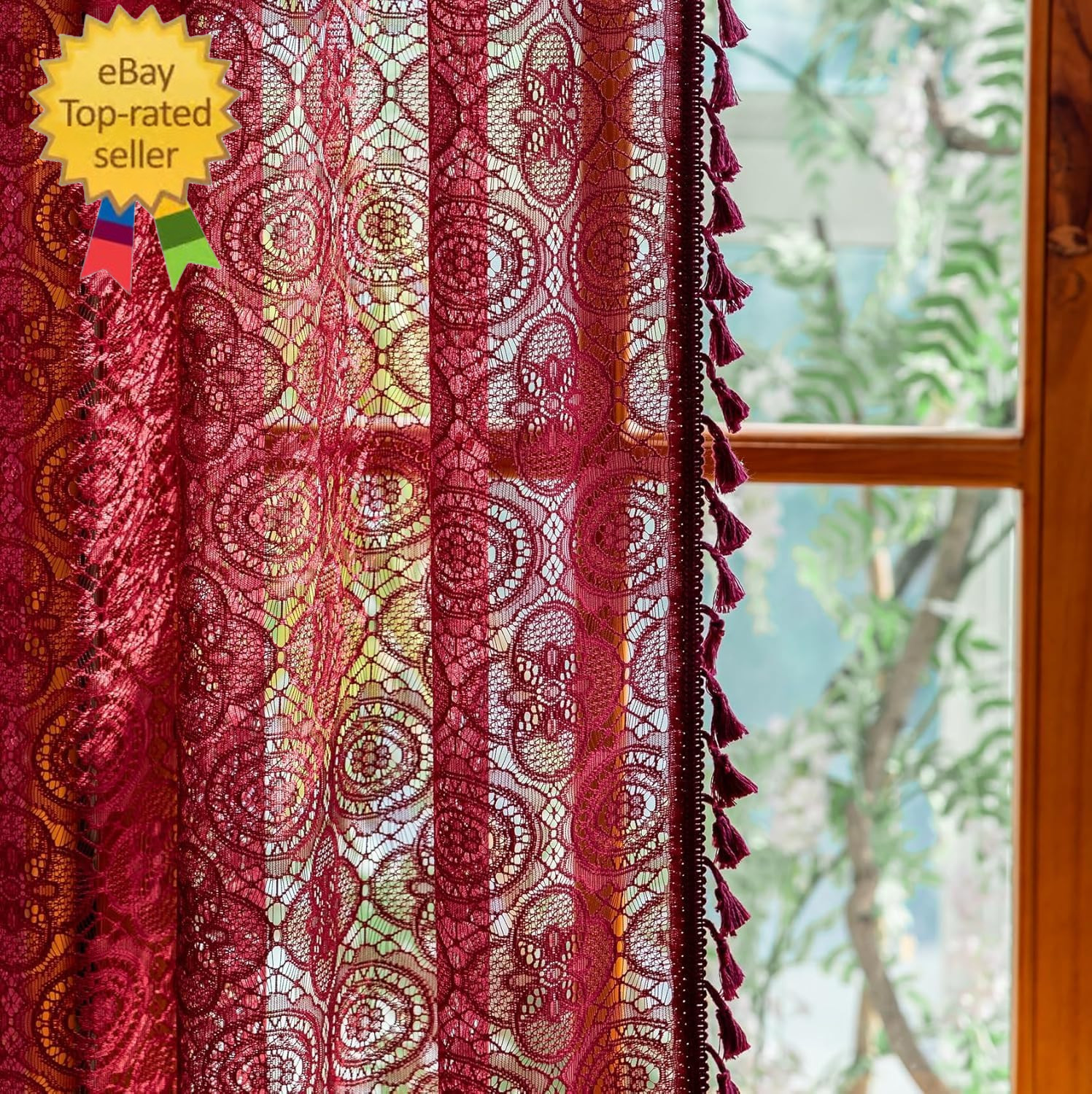 Boho Lace Curtains 90 Inches Long 2 Panels -Vintage Floral Crochet Sheer Panels