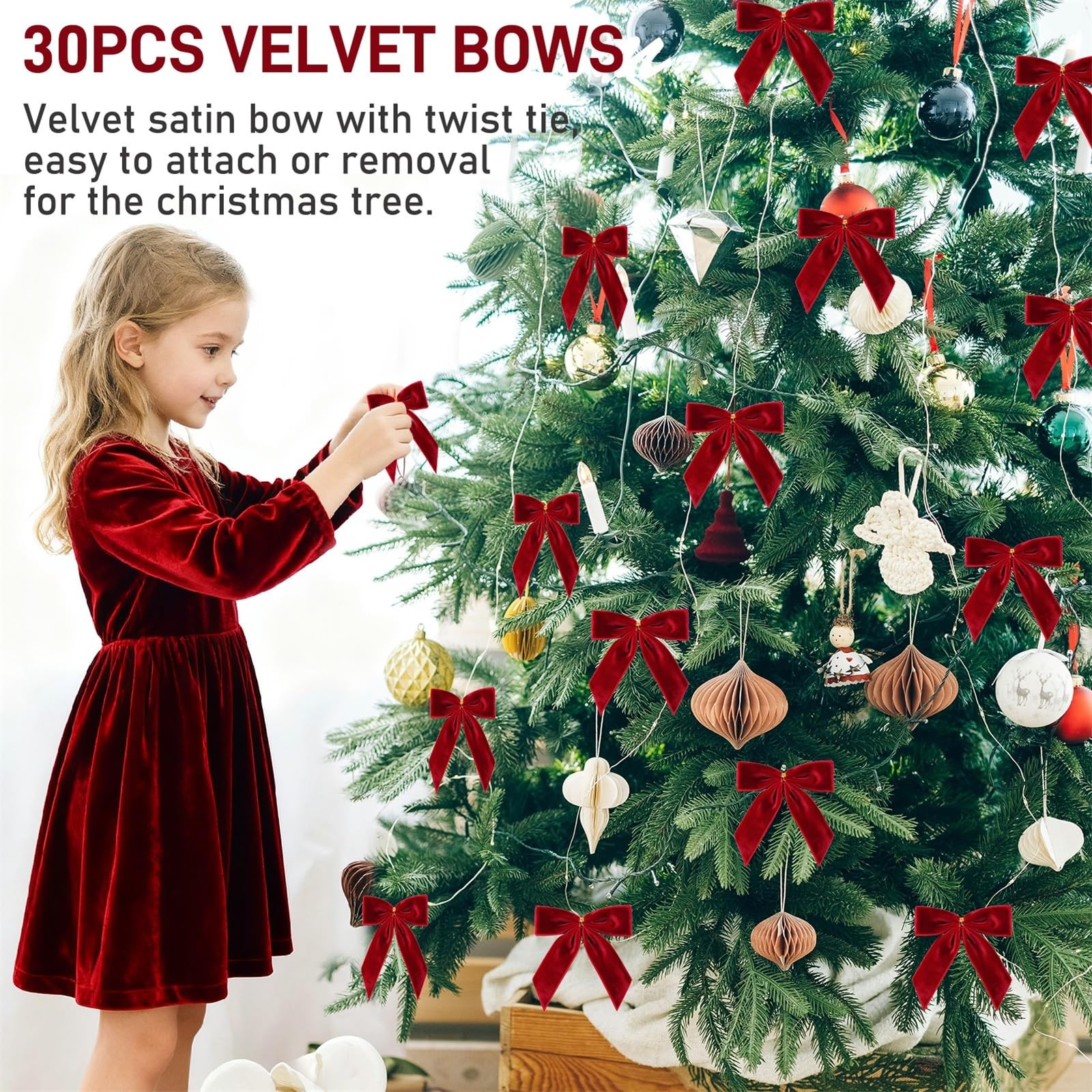 30Pcs Red Velvet Ribbon Bows Twist Tie Bows 3.5×3.5in for Christmas Tree Deco…