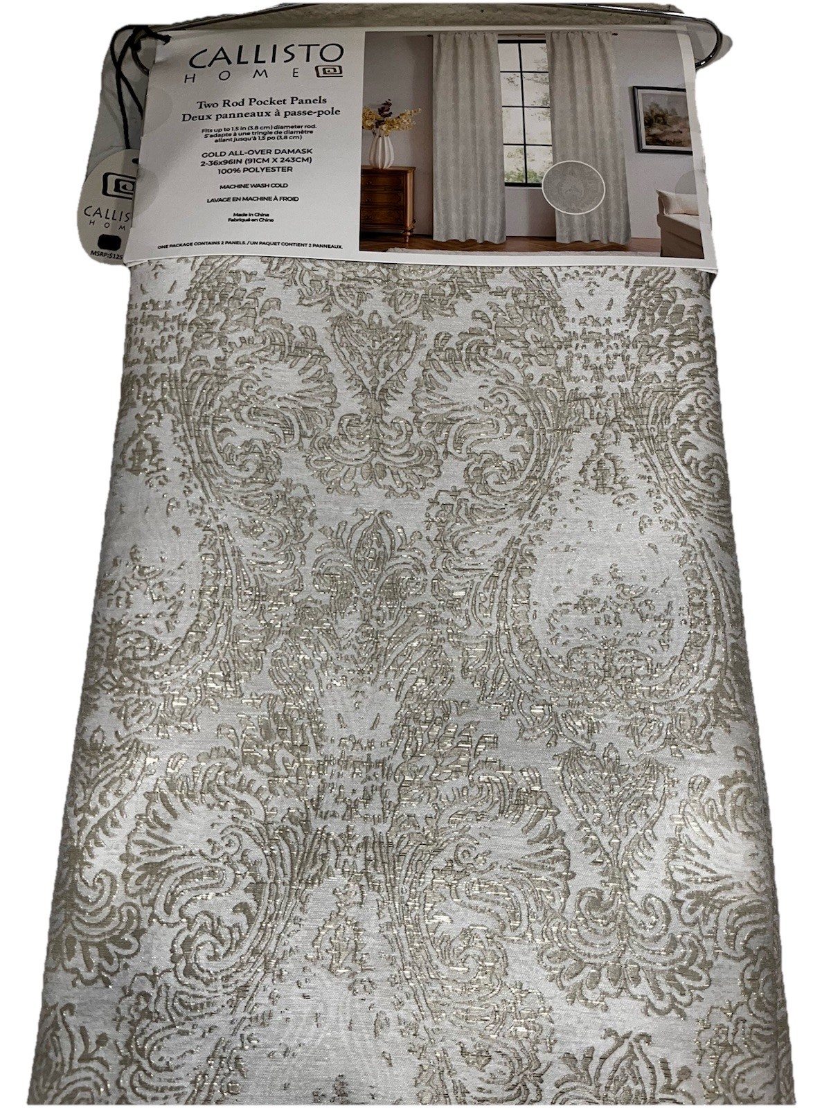 1-NWT CALLISTO HOME GOLD ALL OVER DAMASK CURTAINS SET OF 2 PANELS SIZE 36”x 96”