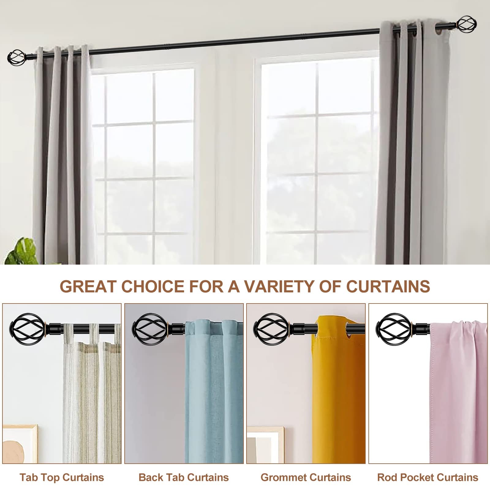 Black 5/8 Curtain Rod Set, 40-62 Inch, Twisted Cage Finials, Heavy Duty