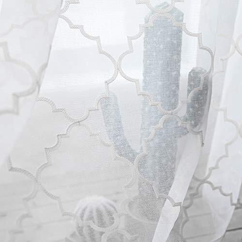 Embroidered Moroccan Tile Lattice Design Sheer Curtains 52″Wx45″L Trellis White