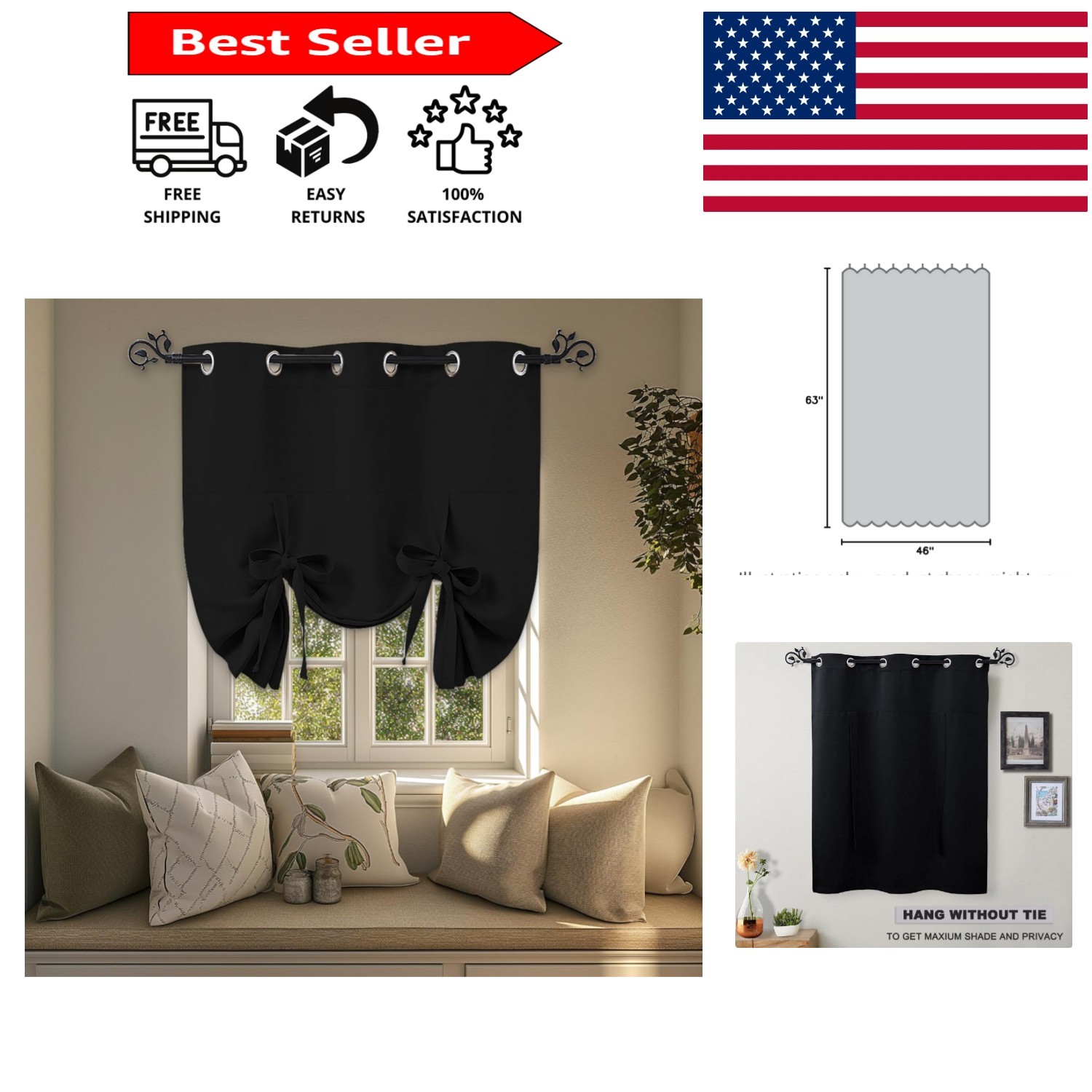 Stylish Black Tie-Up Blackout Curtains – Quality 46” Wide x 63” Long