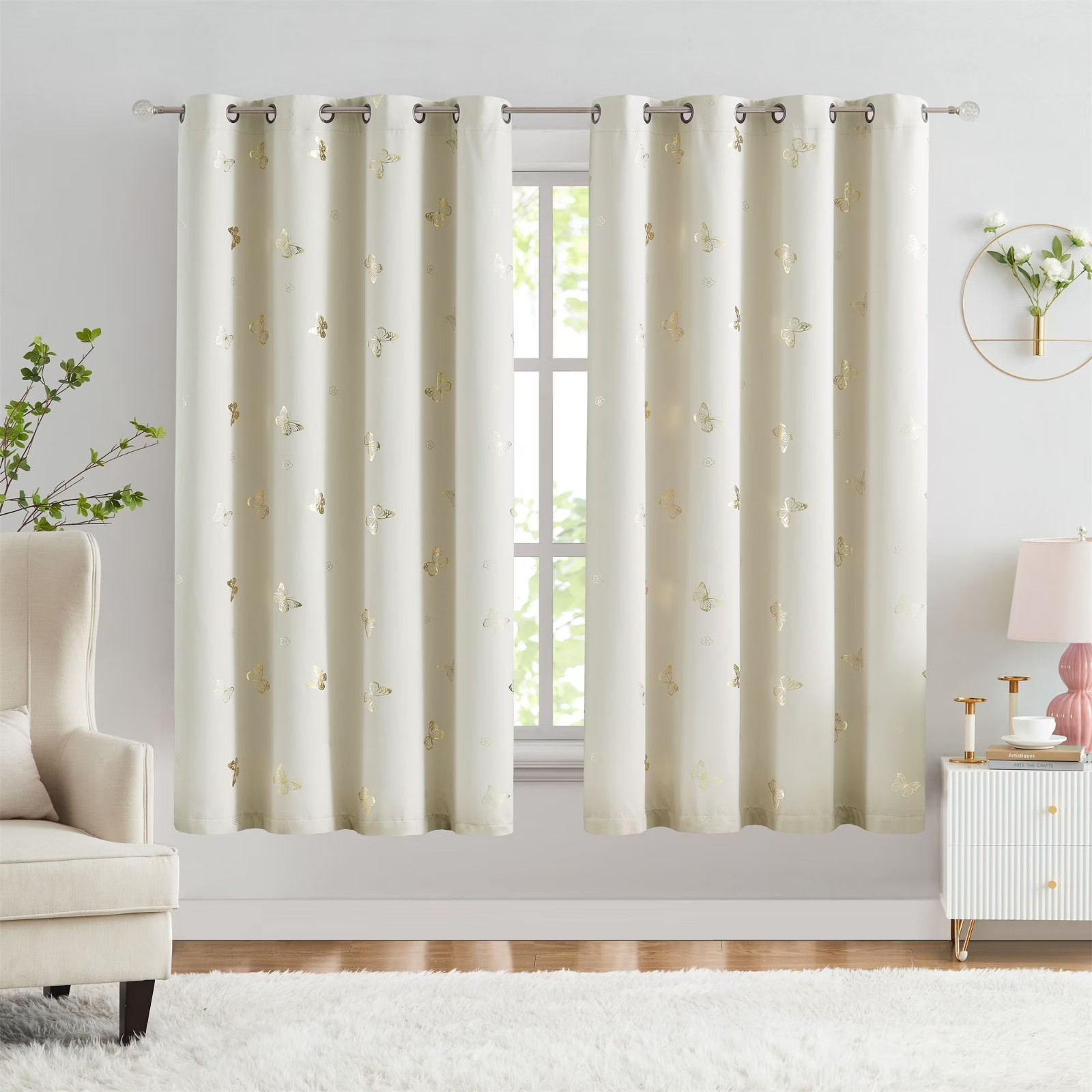 Butterfly Blackout Curtains 2 Panels 52”x54” Beige with Gold Metallic