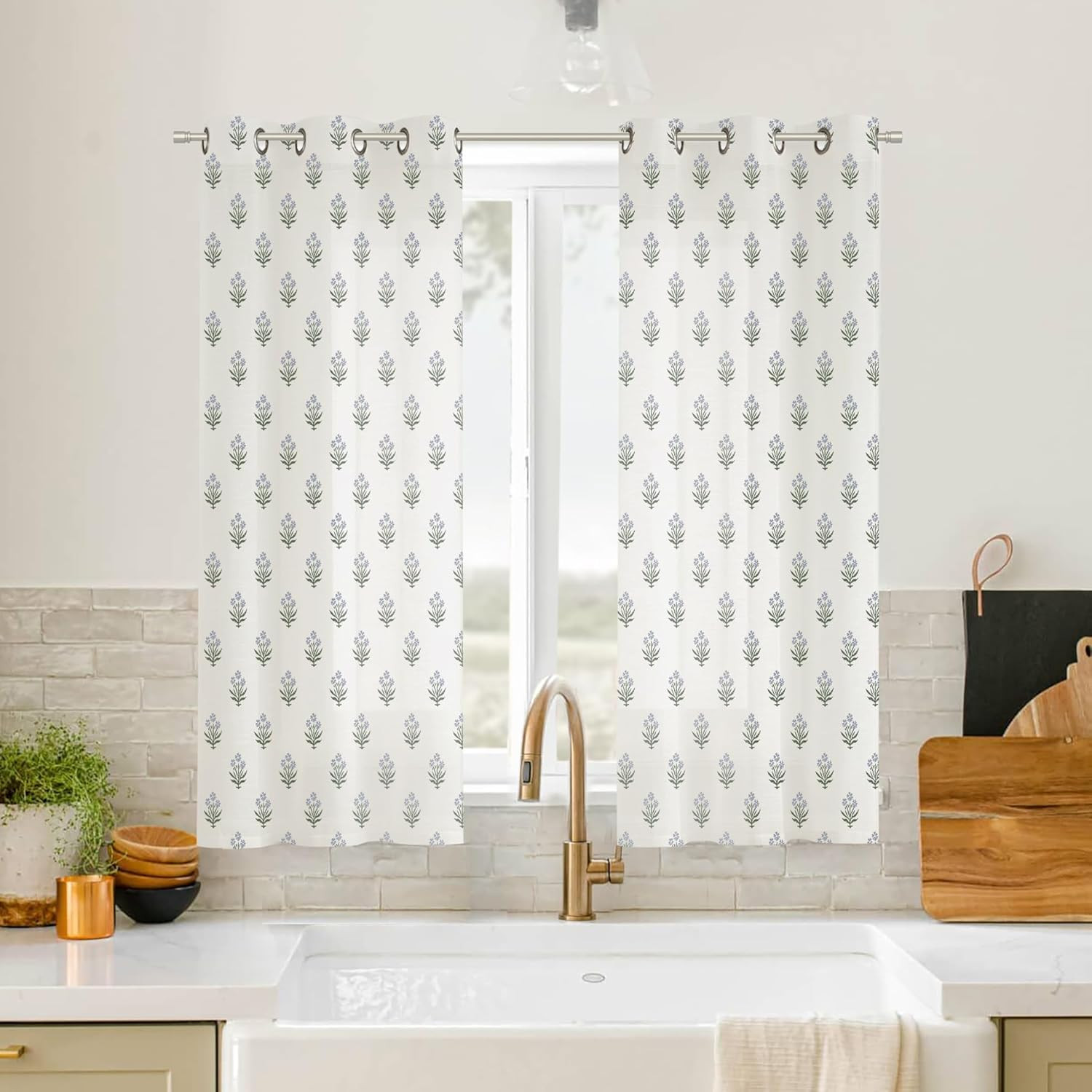 Short Floral Patterned Curtains for Bathroom Window, 45 Inch Length Light Filter
