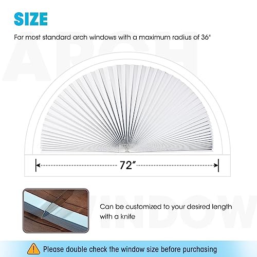 2 PCS Arch Window Light Filtering Pleated Shade Blinds for semi-Circle White
