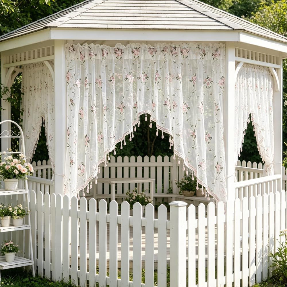 1PC Victorian Style Floral Sheer Swag Curtain Valance for Arched Door,Pink Embro