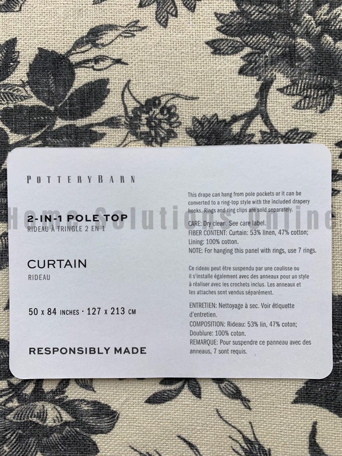 Pottery Barn Sorrel Toile Cotton Lined Curtain Charcoal 50″ x 84″ #Q9X