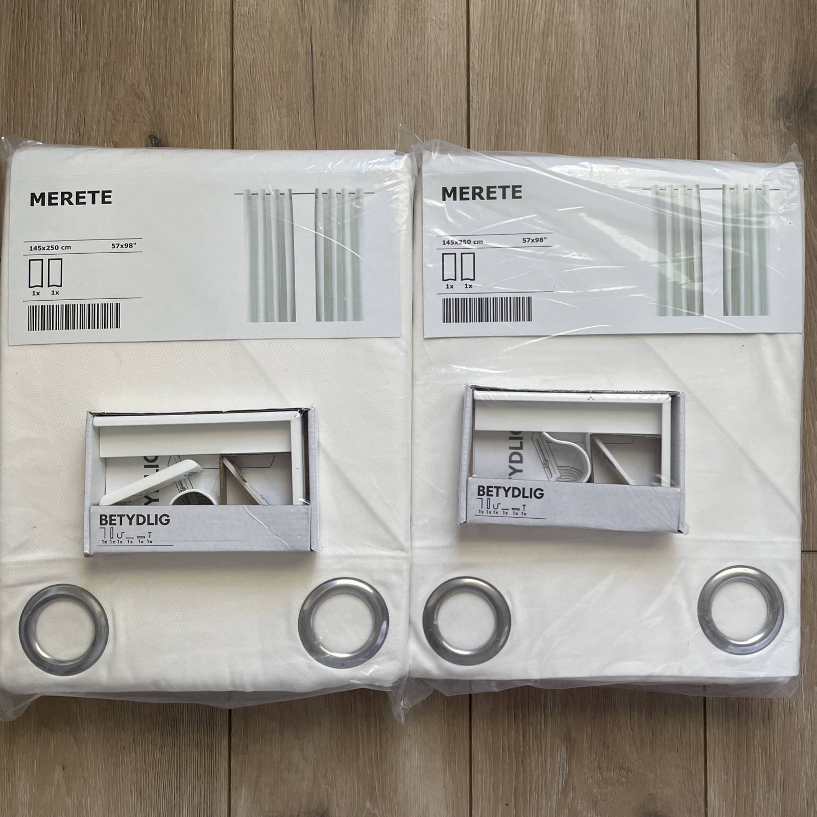 IKEA MERETE Ivory Grommet 57×98” Curtain 4-PANELS + 2-BETYDLIG White Rod Holders