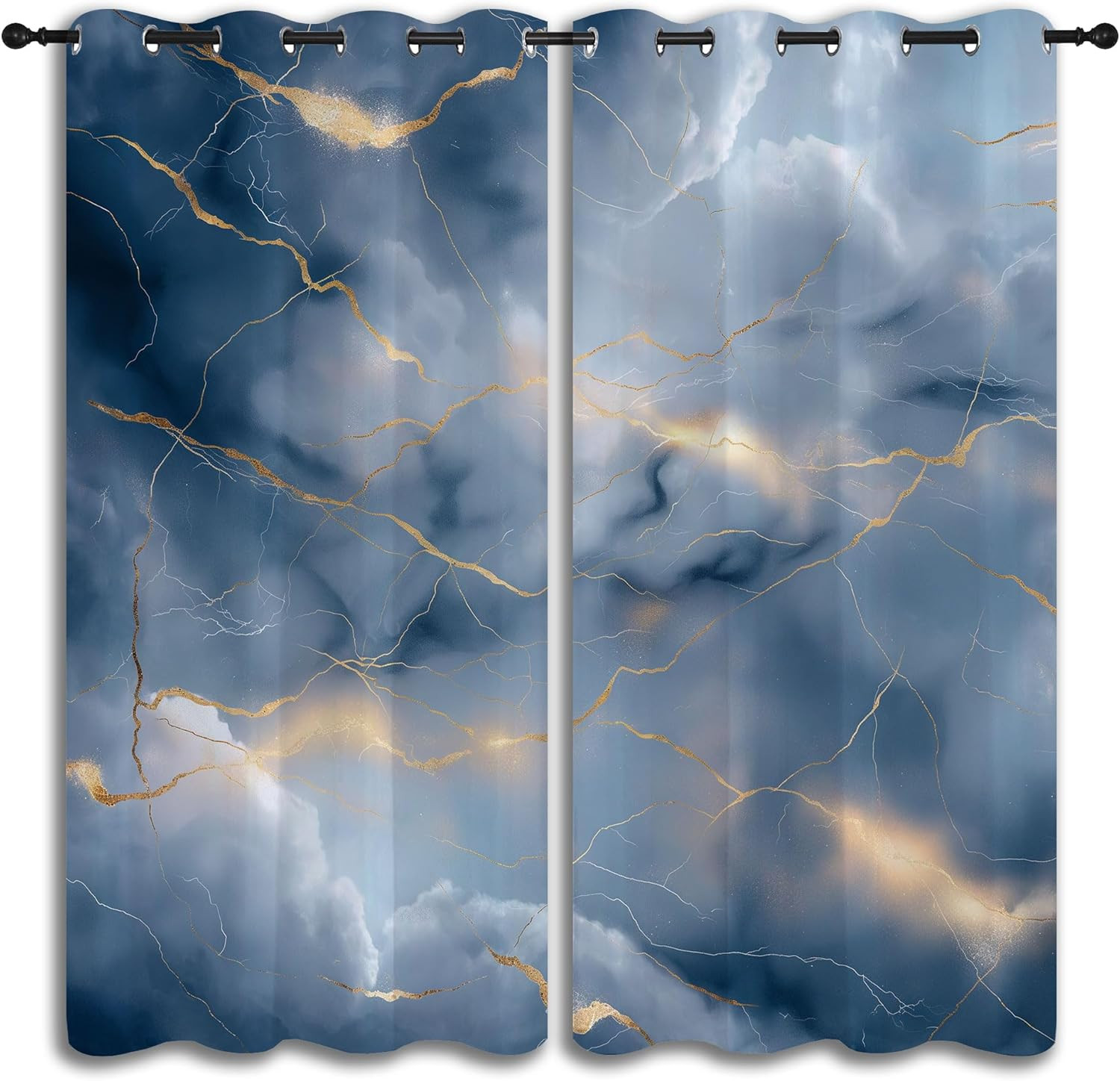 Marble Blackout Curtains for Boys Girl Bedroom Decor,Golden Cracks Blue Grey Clo