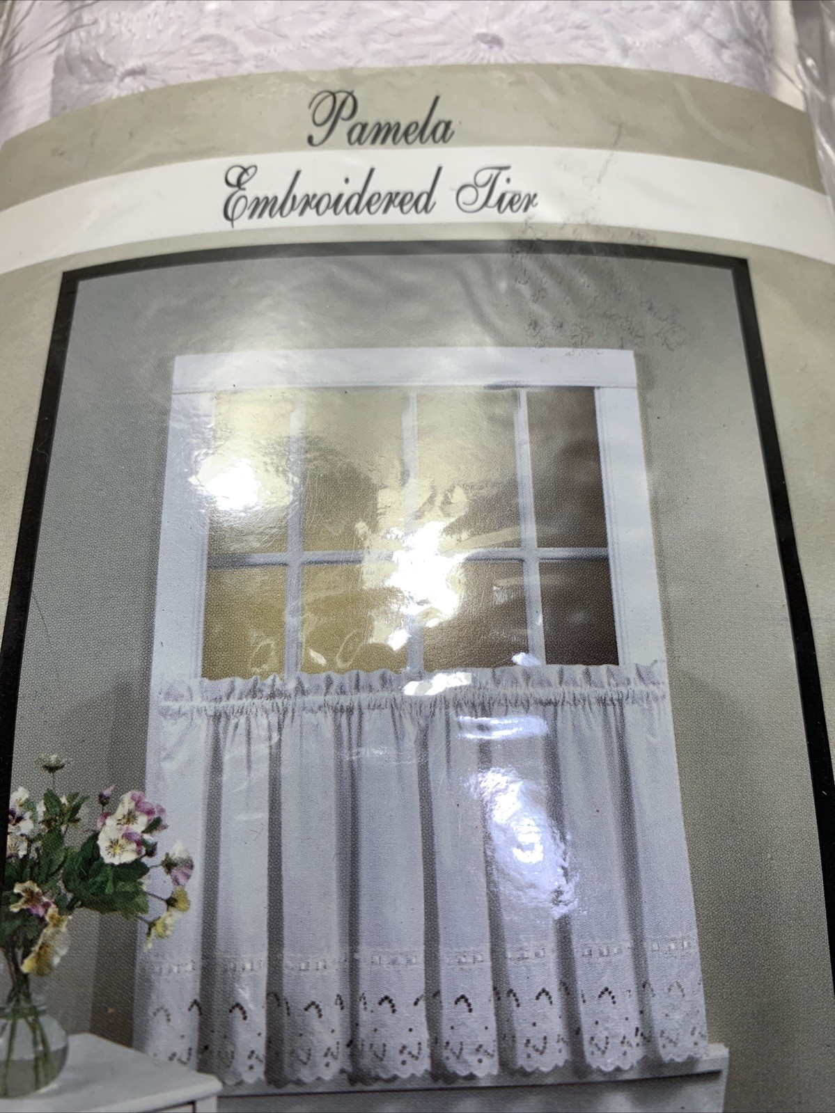 Vintage Floral Eyelet Curtain Solid White Satin Ribbon Trim Cutwork 60”X36”