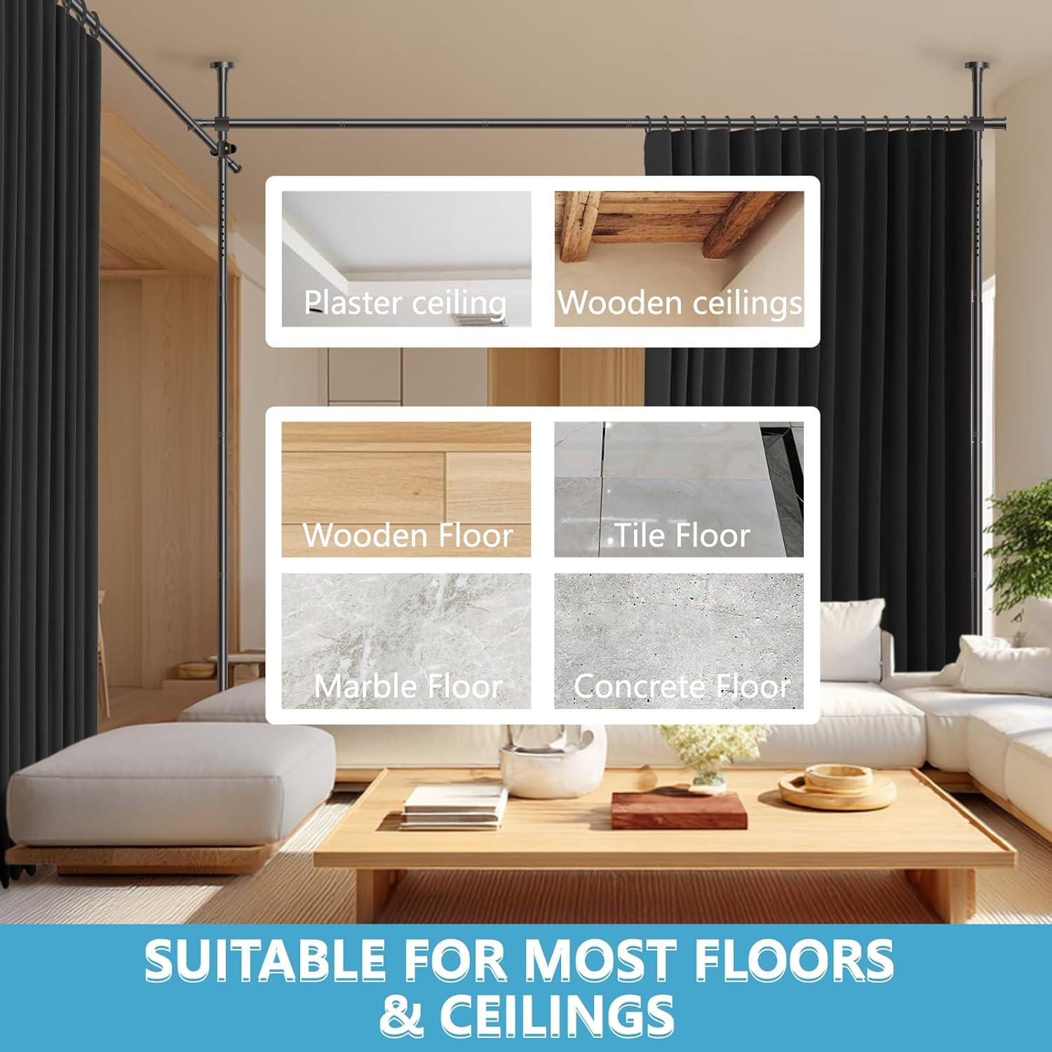 No-Drill Room Divider Curtains Set with Adjustable Pole Brackets – Black 106″x84