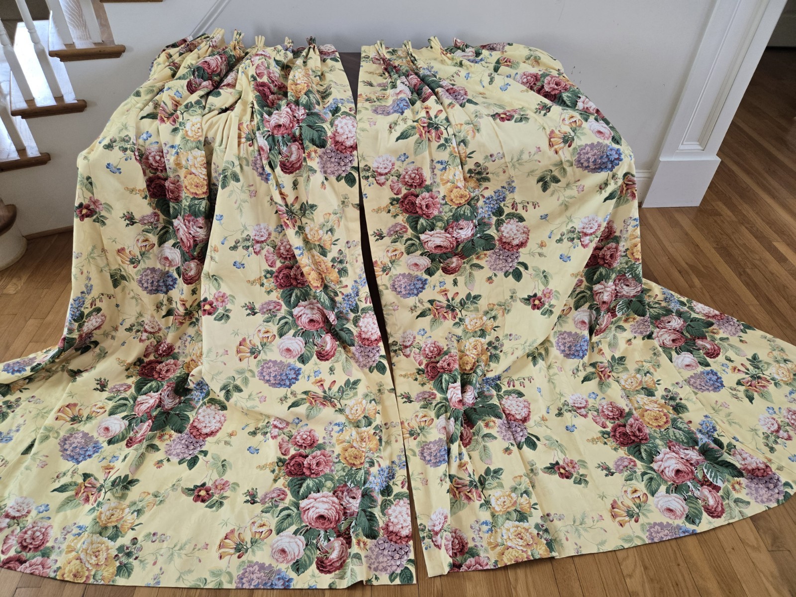 2 Custom English Country Cottage Rose Yellow Multi Pinch Pleat Drapes W30xL86