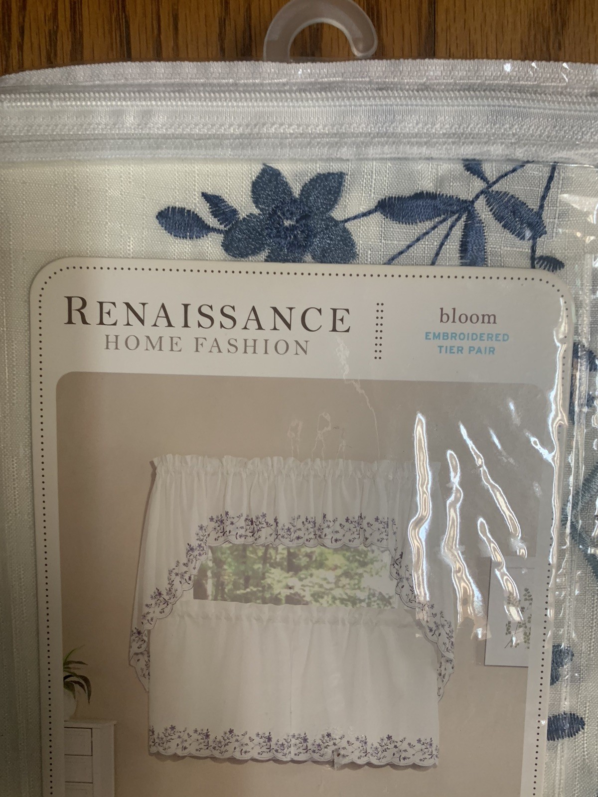 Belle Maison Bloom Renaissance Home Embroidered Tier Pair Blue White Floral 36″