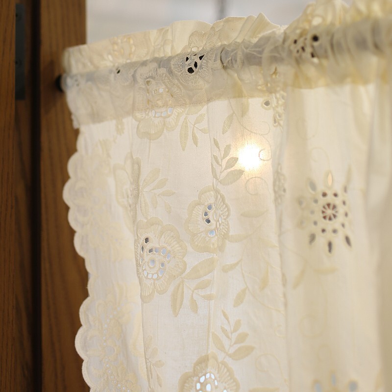 Floral Hollow Tie-Up Cotton Curtain with Beads Trim for Doorway Decor