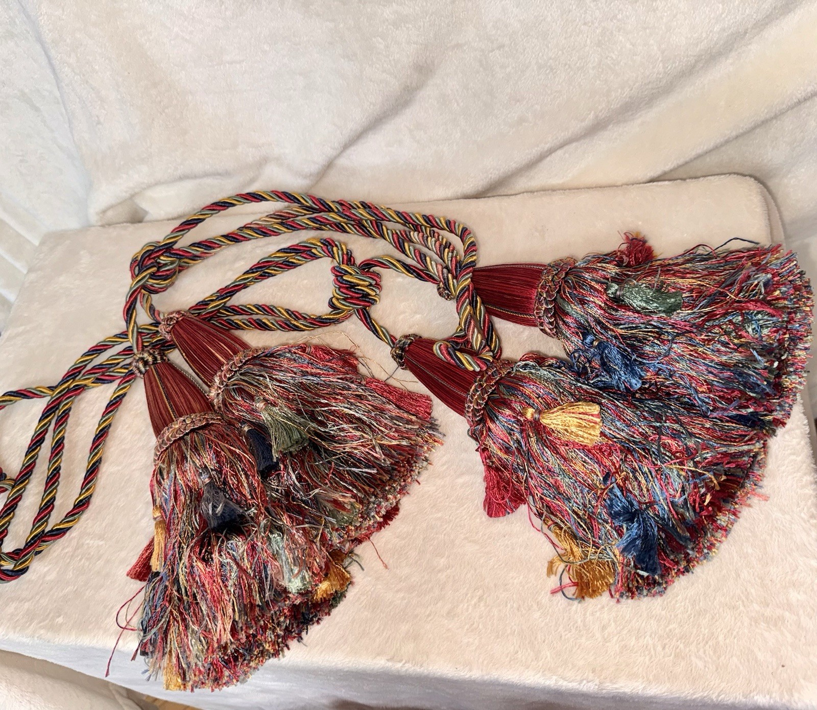 Set 2 – Vintage 10” DOUBLE TASSEL Drapery Tiebacks, 29” L, RED BLUE GREEN GOLD