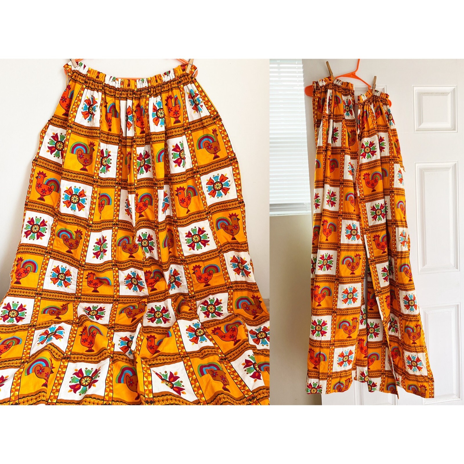 Two Scandi Style Curtain Panels/ 70s Drapes w Tulips & Rainbow Rooster Design