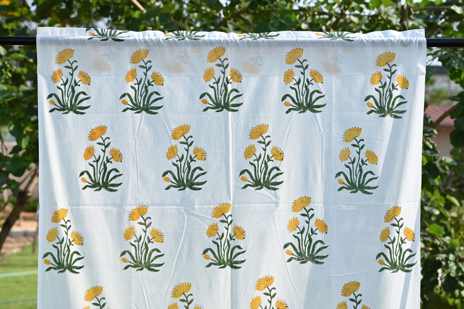 Yellow Flower block Print Curtain Panels Set of 2 Indian Cotton window Curtains