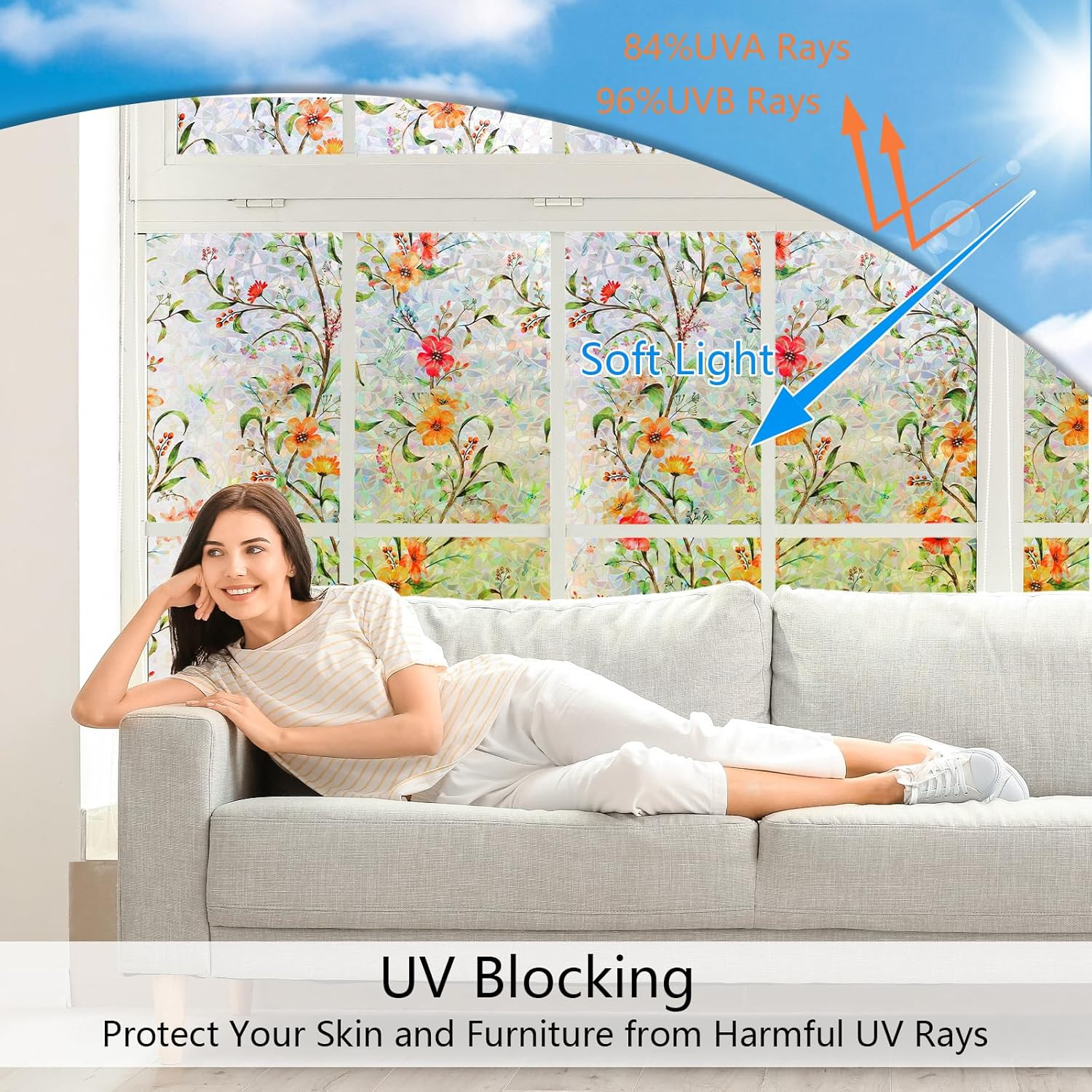 Window Privacy Film with Static Cling & 3D Rainbow Effect, Floral