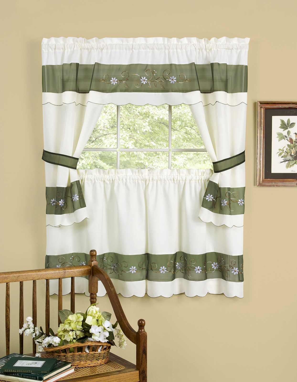 5-Piece Window Kitchen Cottage Curtain Set, Tier Panels, Swag Valance, Tiebacks