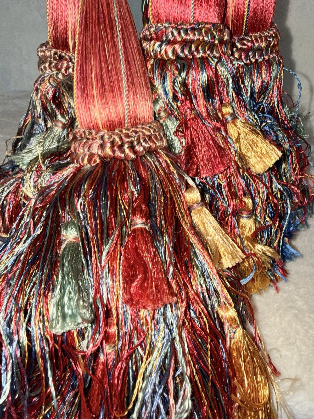 Set 2 – Vintage 10” DOUBLE TASSEL Drapery Tiebacks, 29” L, RED BLUE GREEN GOLD