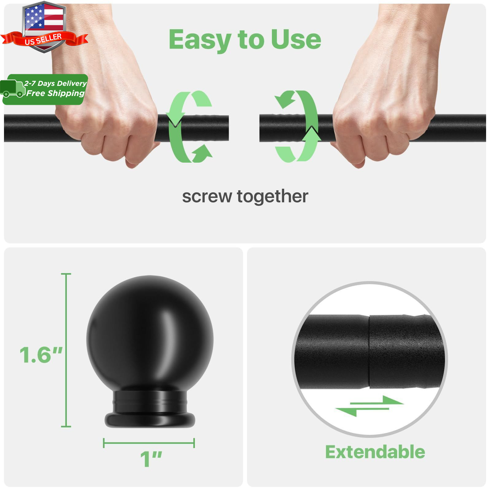 Curtain Rods for Windows 28 to 48 Inch, 5/8 Inch Black Curtain Rod Set with Brac