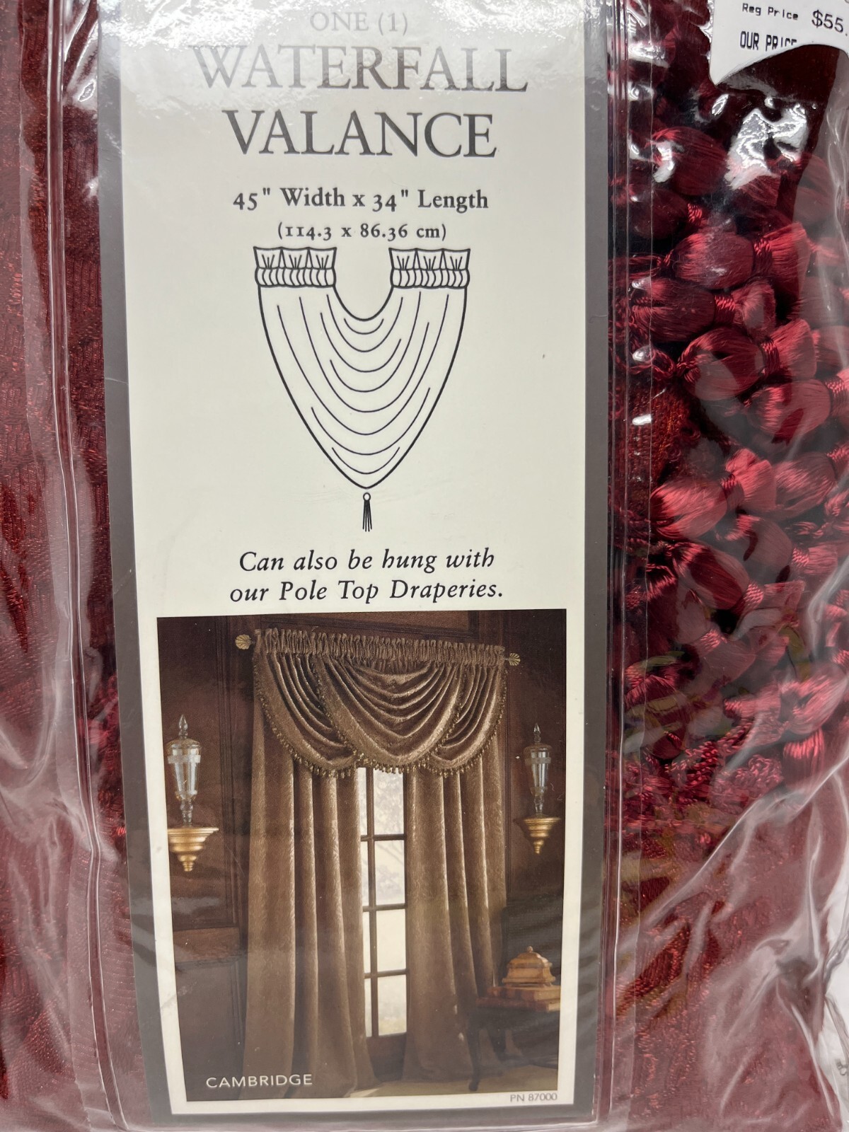 Croscill red burgandy Waterfall Valance 45”x34” Cambridge shag Merlot NEW