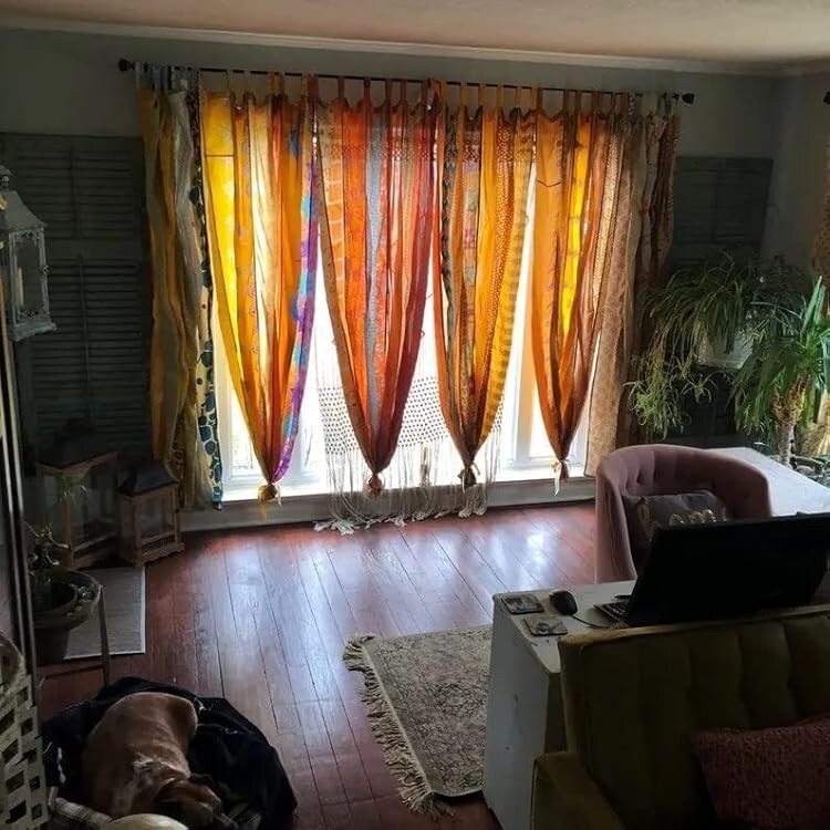 2 Pc Indian Old Recycle Silk Saree Boho Multi Curtain Door Drape Decor Curtain