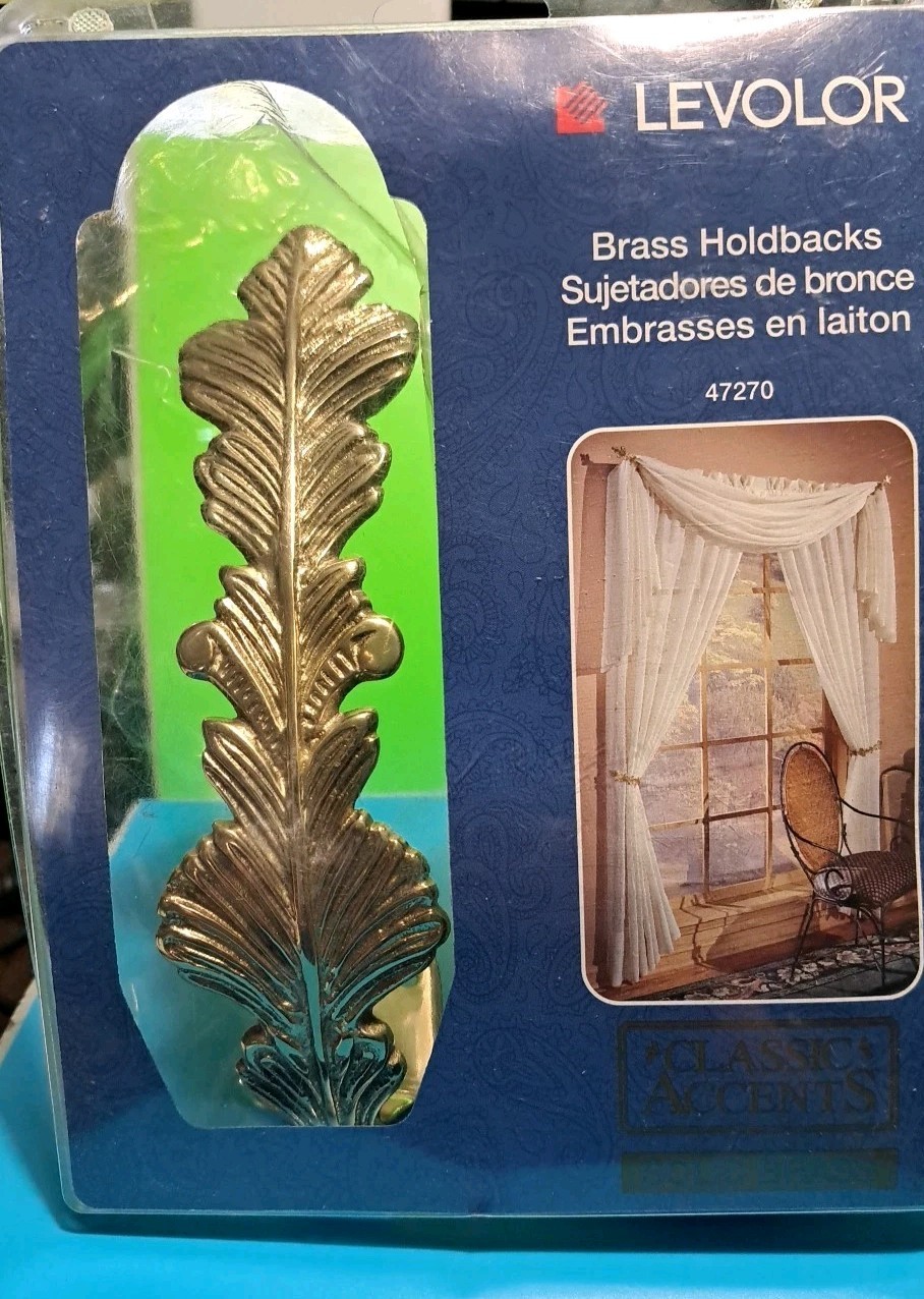 Levolor Set of 2 Solid Brass Leaf Design Curtain Tie Backs Holdbacks Holders