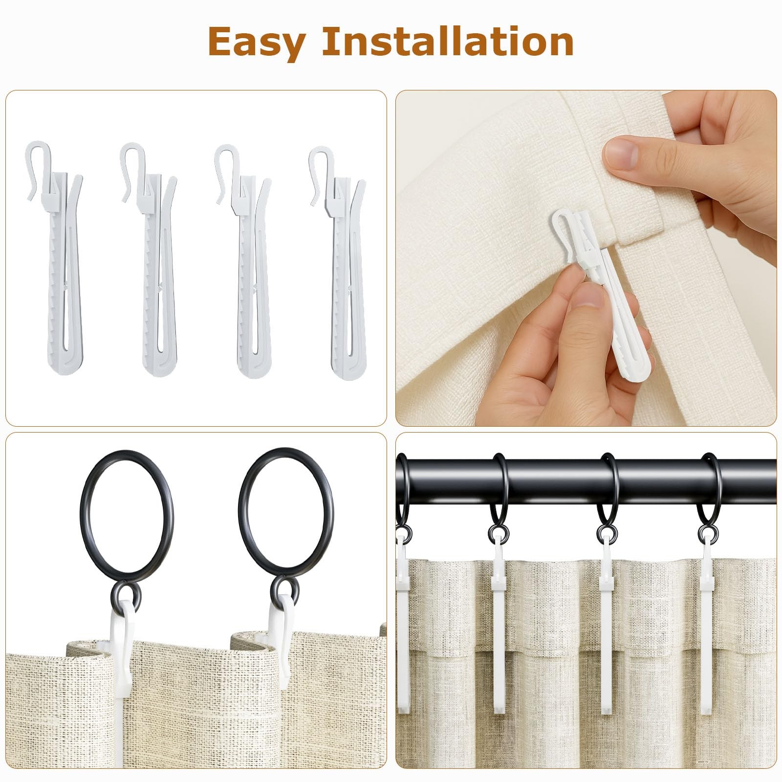 1.25 Inch Curtain Rings with Hooks, 24 Pack Black Metal Drapery Rings with Pi…
