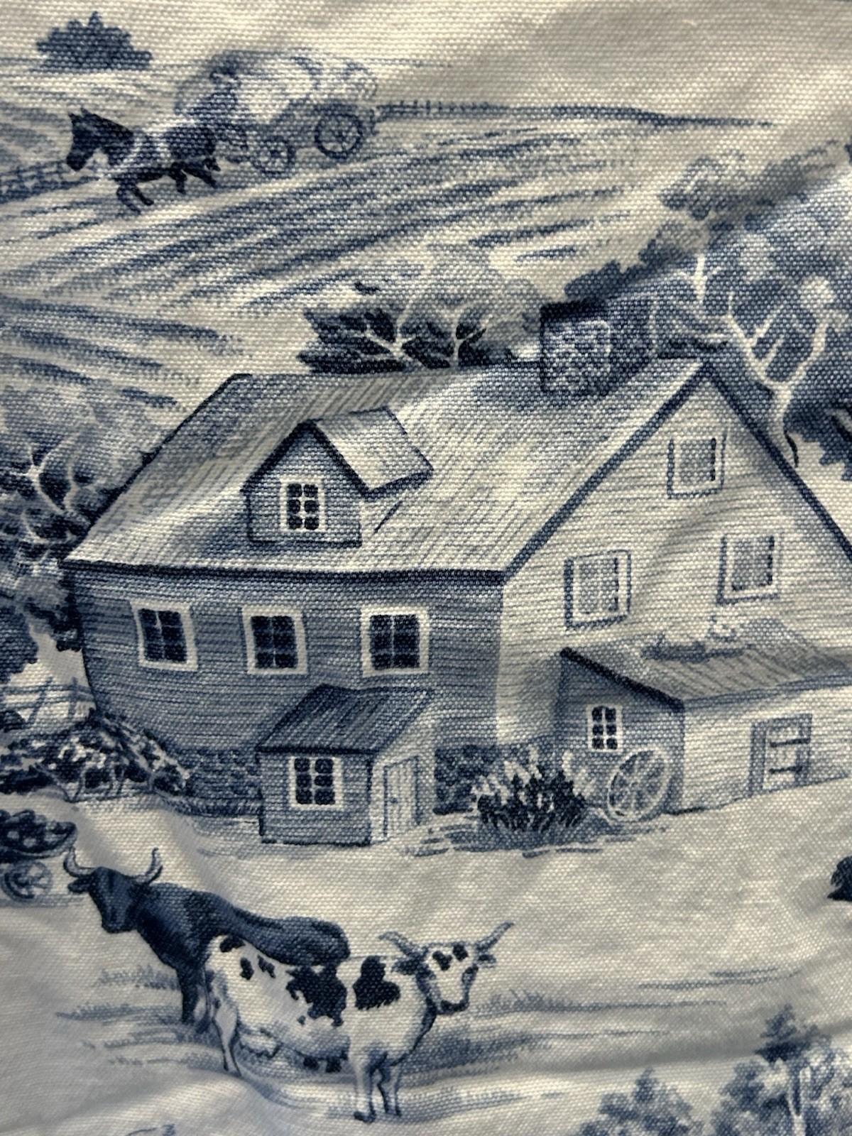 Blue White Farm Toile Fabric Curtains 2 Panels Farm house Country 49″ x 20″ L8