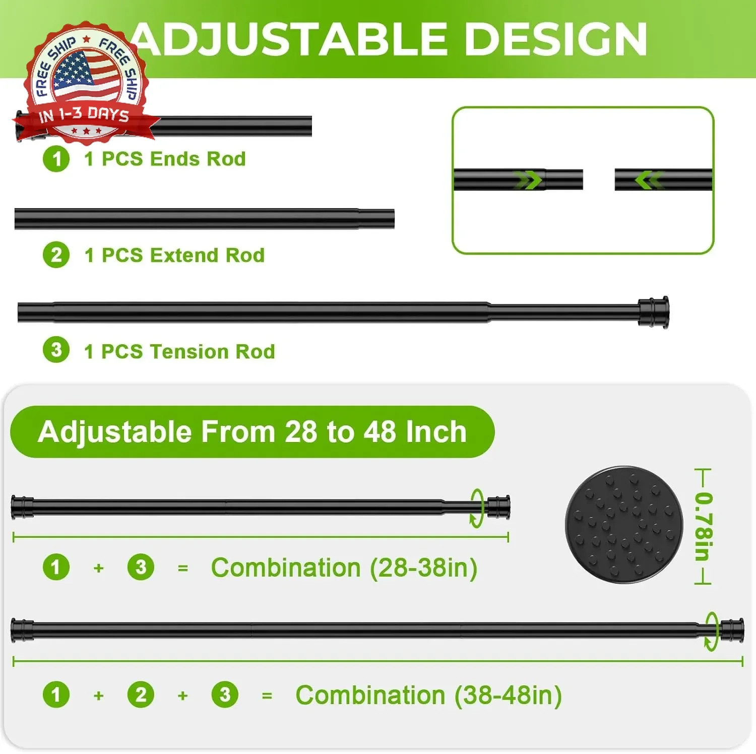 2 Pack Spring Tension Rods 28-48 Inches No Drill Tension Curtain Rods Black Spri