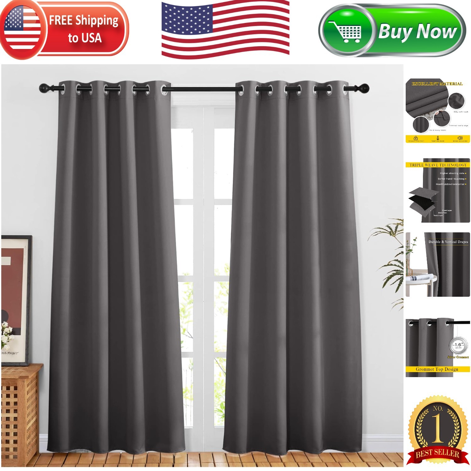 Room Darkening Grey Blackout Drapes 46″ x 80″ – Energy Efficient Grommet Panels
