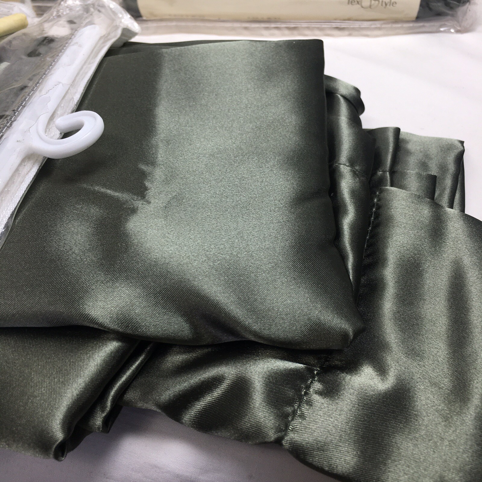 Dark Green Sage Satin Curtains Set (3) 95″ Rod Pocket Panels (1) 6 YD Scarf