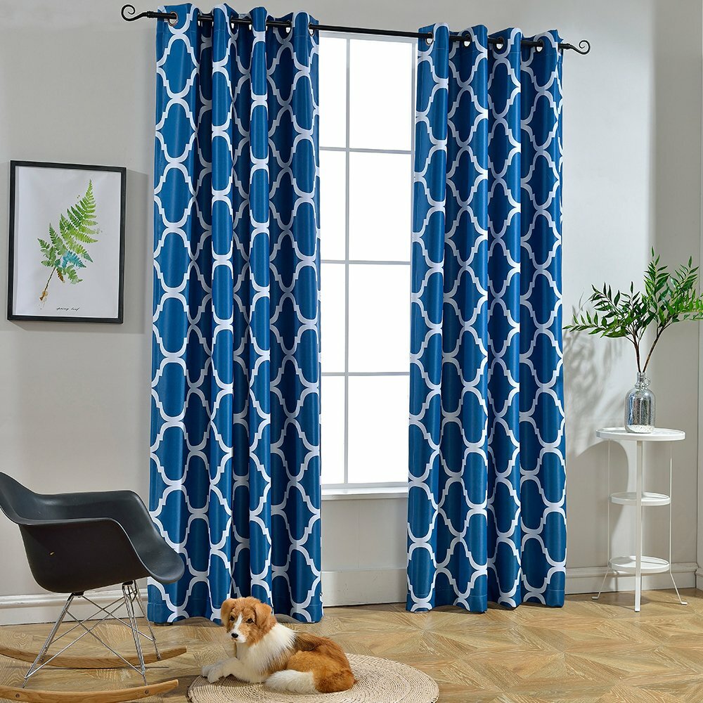 Set 2 Navy Blue White Geo Trellis Curtains Panels Drapes 63 84 96 inch Darkening