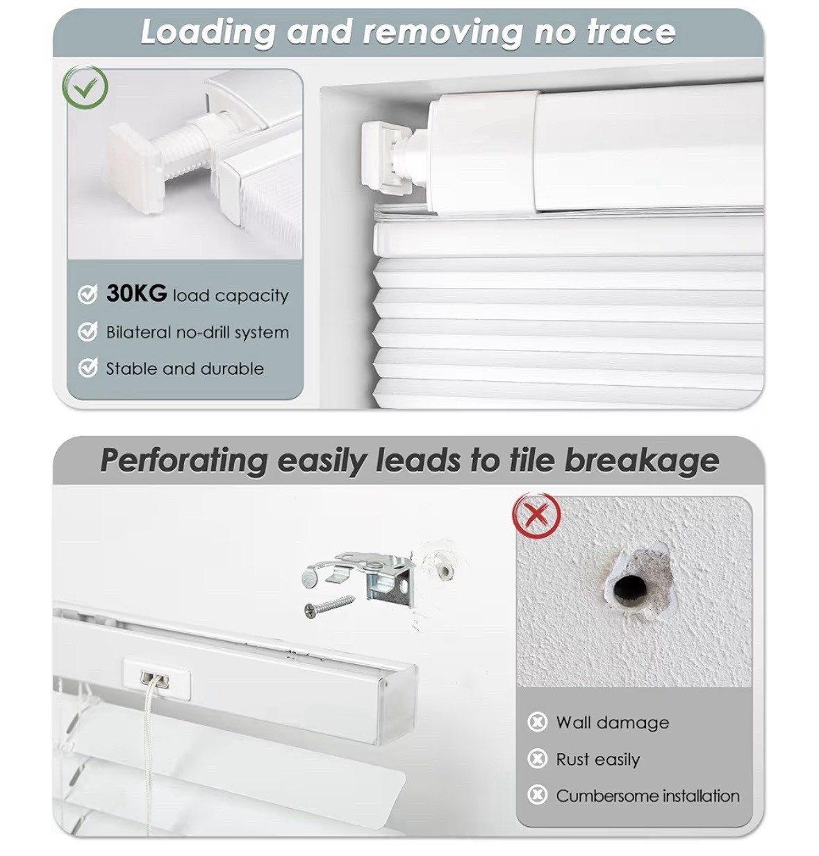 Cordless White Cellular Blinds Light Filtering No-Drill Window Frame Mount 29×48