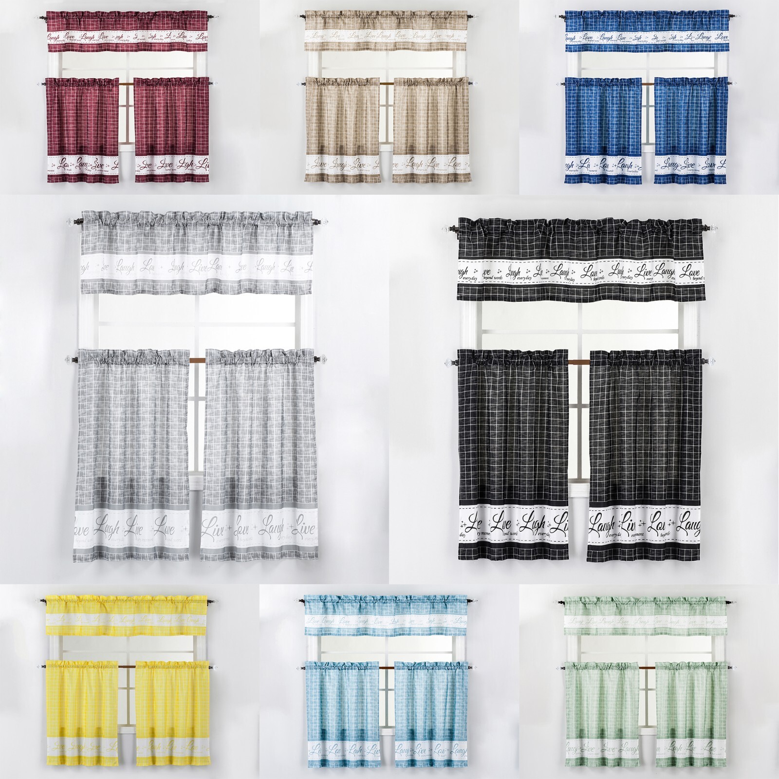 3 Piece Live Love Laugh Check Plaid Kitchen Window Curtain Tiers and Valance Set