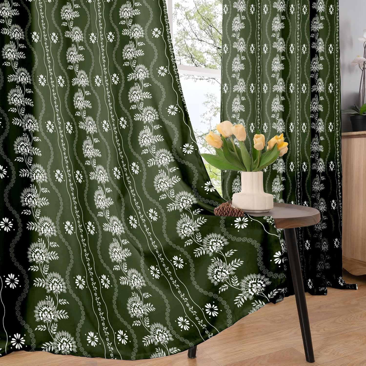 Green Floral Curtains 84 Inch Length 2 Panels Set Olive Green and White Vintage