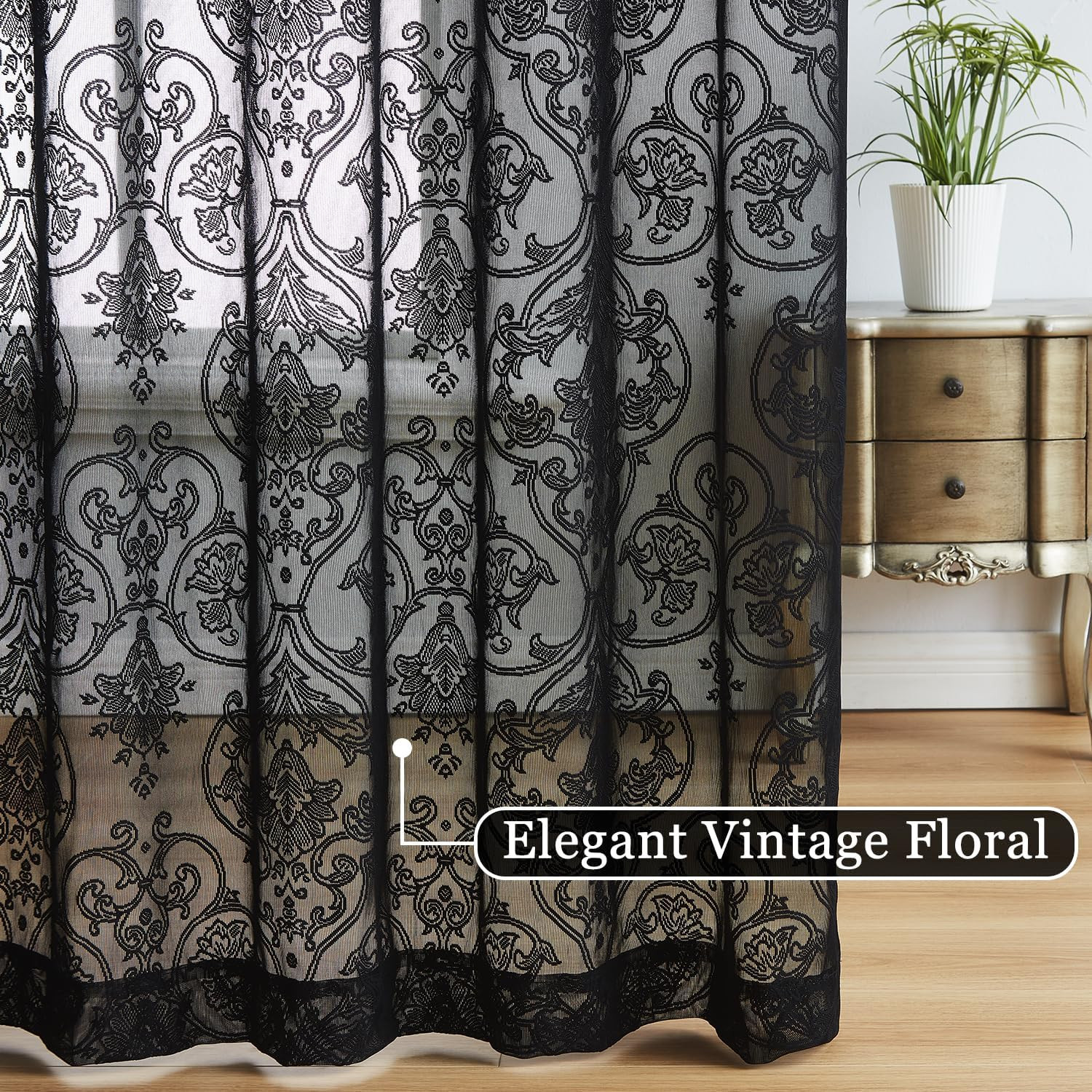 Damask Lace Sheer Curtains Black – Vintage Luxury Traditional Floral Sheer Curta
