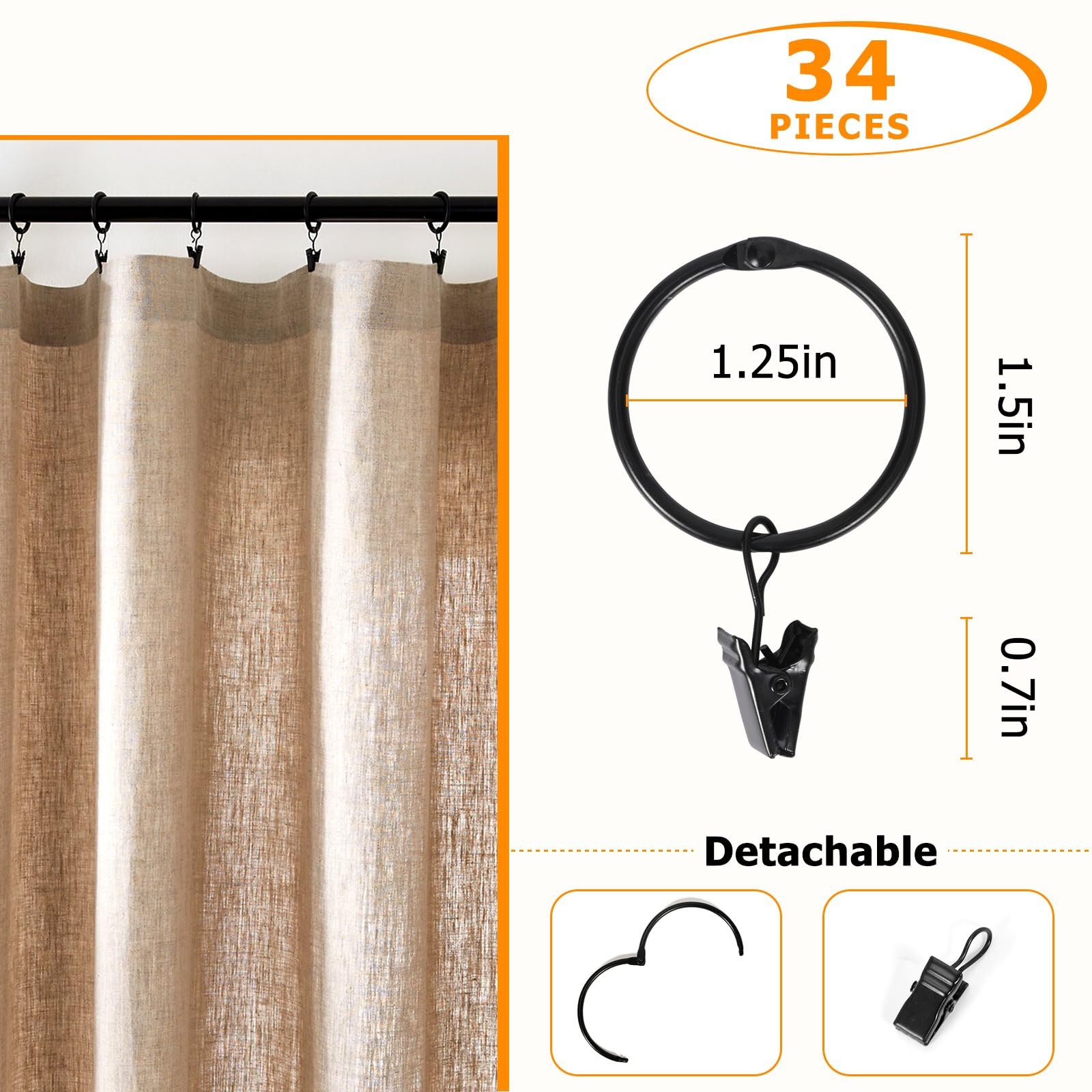 34 PCS Openable Curtain Rings with Clips, 1.25-Inch Inner Diameter Open Drape…