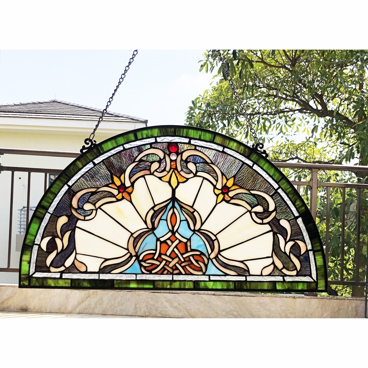Stained Glass Window Panel Victorian 24″ Half Moon Tiffany Style ONE THIS PRICE