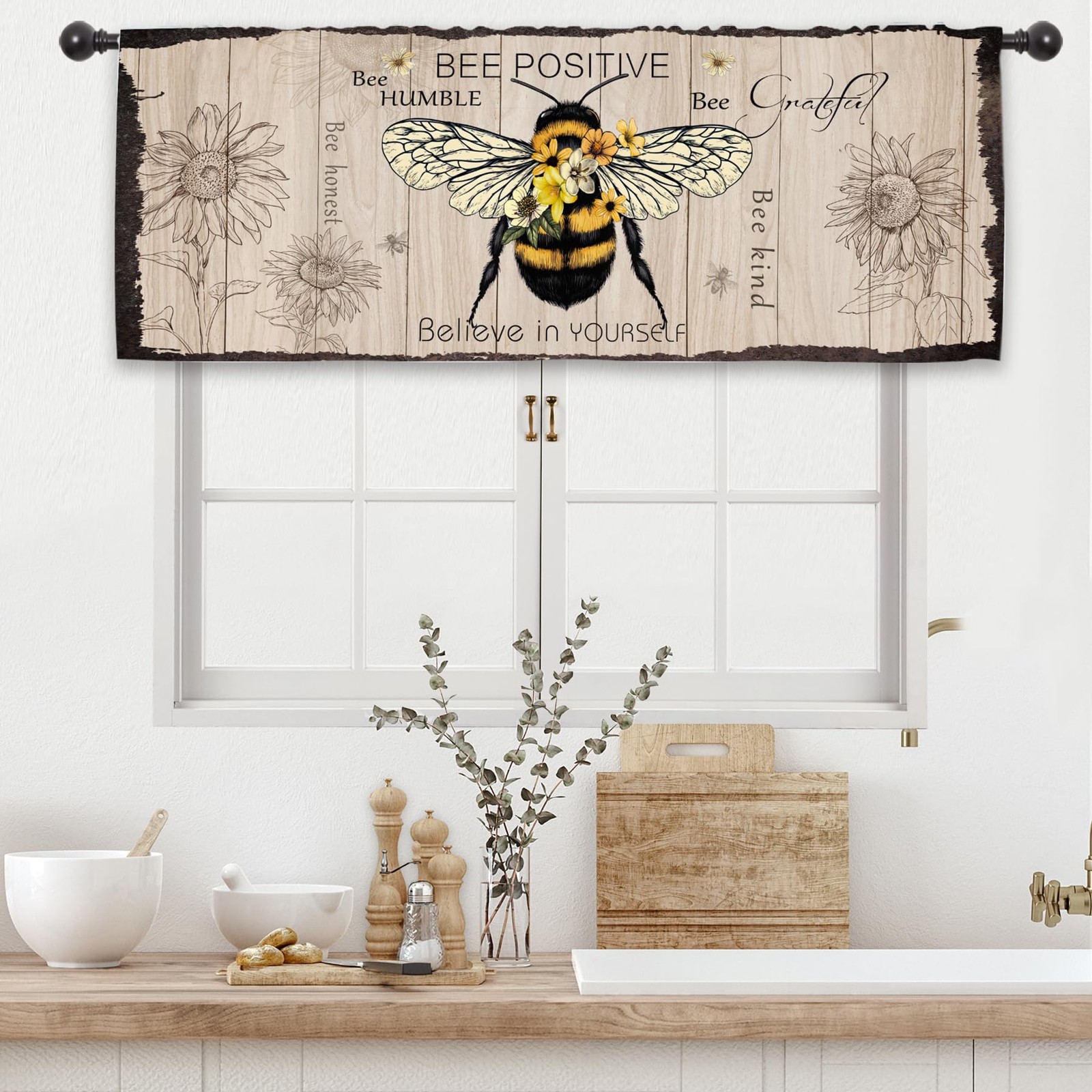 Rustic Bee Farmhouse Kitchen Curtain Valance 54W x 18L Inch Country Positive …
