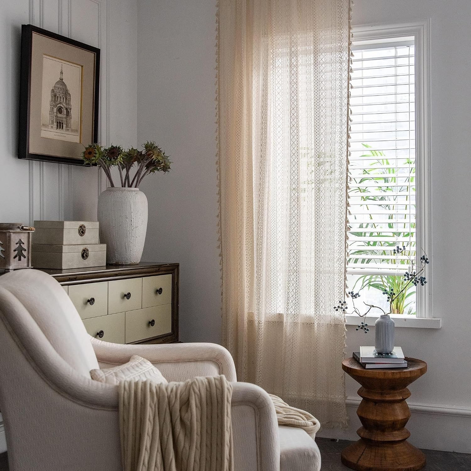 Crochet Boho Lace Sheer Curtains Macrame Farmhouse 63 Inches Length Long Beige