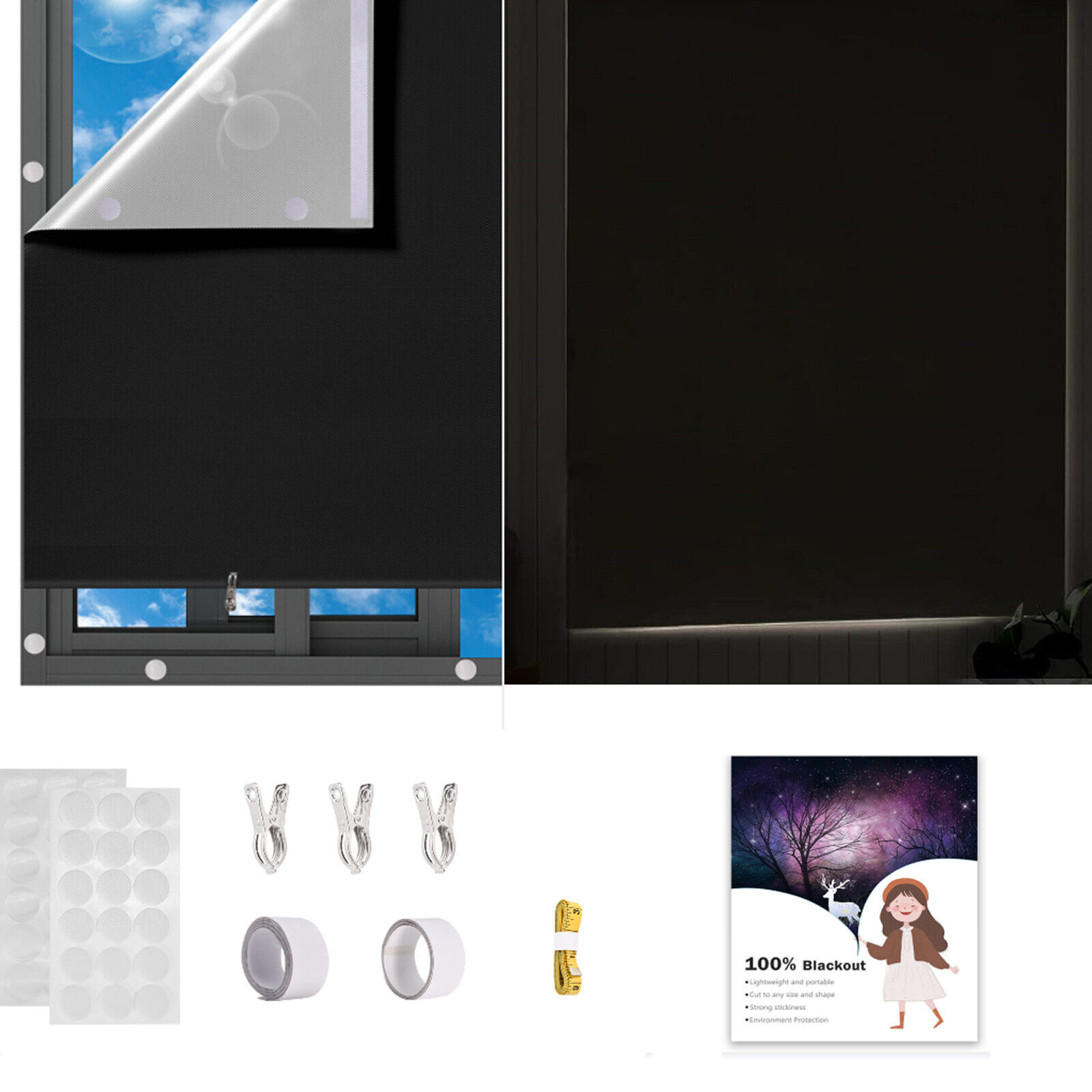 100% Blackout Roller Shades for Bedroom, No Drill Cordless Windows Rolle Shades