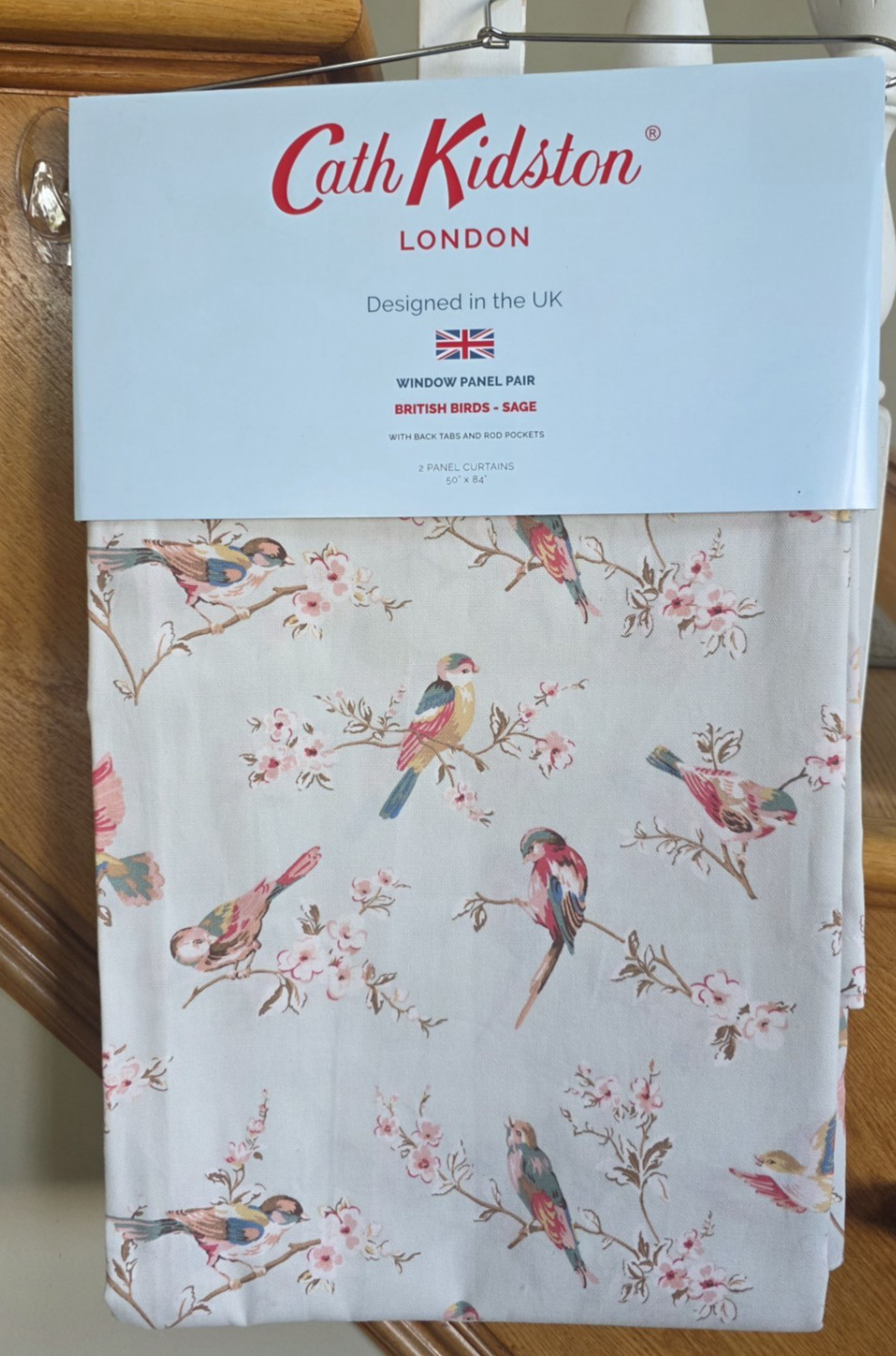 NEW Cath Kidston Window Curtains Pair British Birds Sage Cotton 50″ W x 84″ L