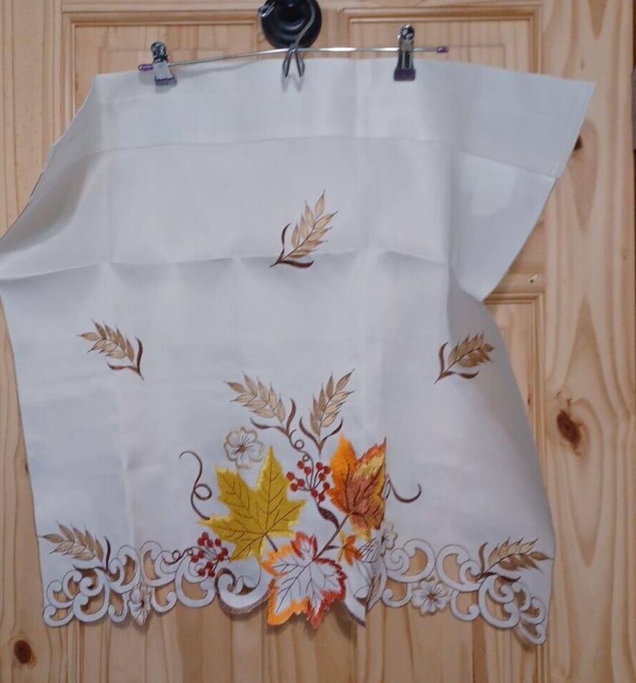 Autumn Fall Leaf Cafe Tier 2 Curtains 24″Length Pair Scallop Embroider Set