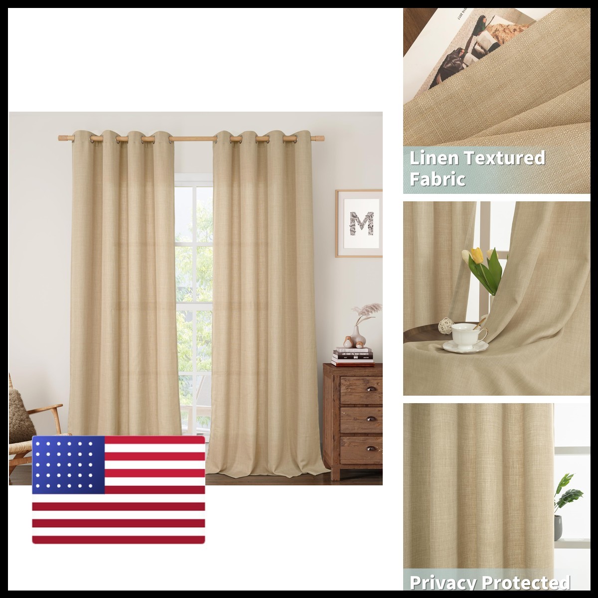 Lamit Natural Linen Curtains 90 Inch Long For Bedroom Grommet Thick Linen