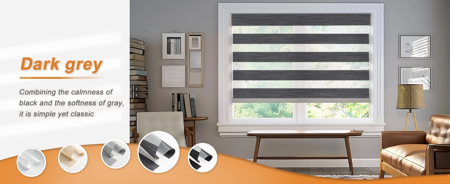 Gray METechs No-Drill Zebra Blinds – Dual Layer Light Filtering Cordless Shades