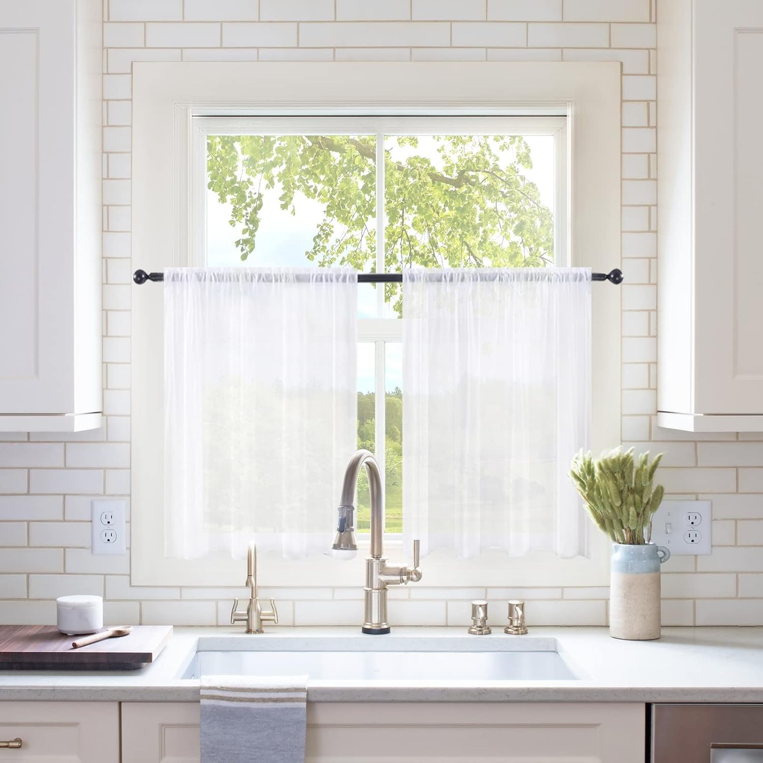 Short Sheer Curtains 30 Inch Length for Kitchen 29″W x 30″L (Pack of 2) White