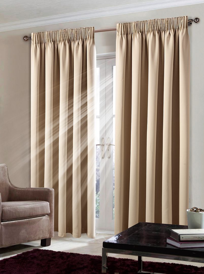Pair Pencil Pleat Tape Top Plain Thermal BLACKOUT LINED Curtains with Tie Backs