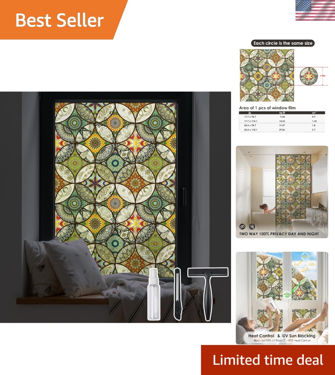 Stained Glass Privacy Window Film – 17.7 x 78.7 Inch, UV Blocker & Easy Install